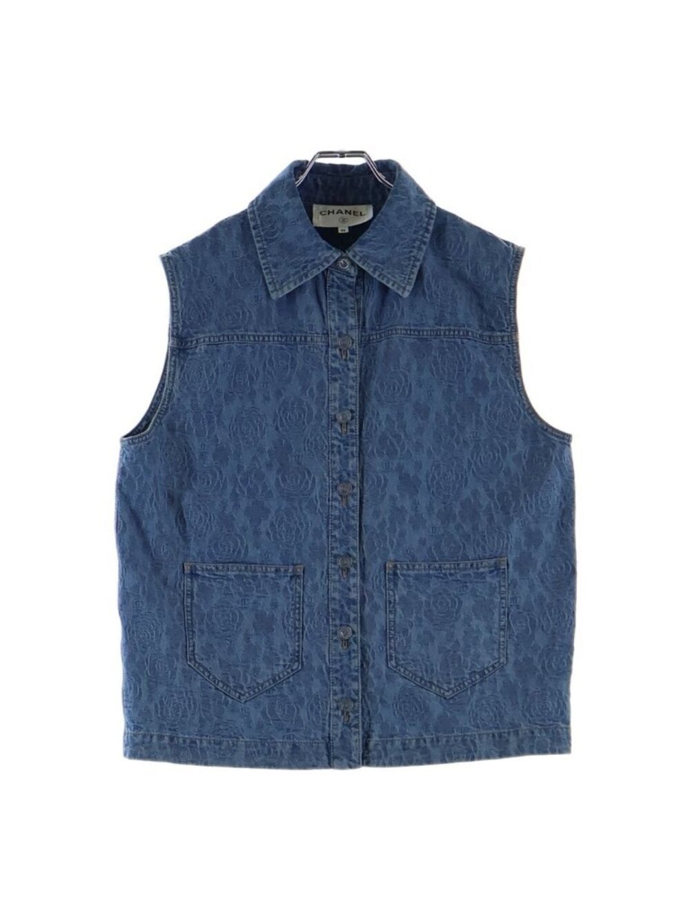 Chanel 23 SS Camellia Sleeveless Denim Shirt Vest Indigo